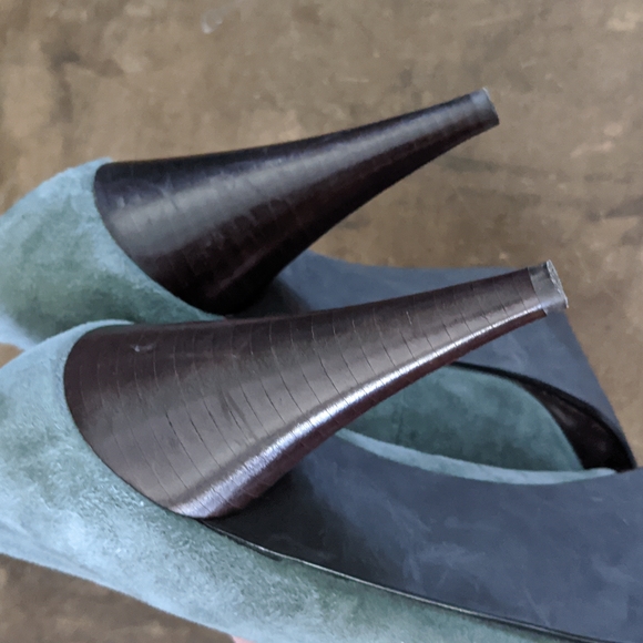 Style & co. Peep Toe Leather Suede Green Pumps With Wooden Heel - Picture 7 of 11